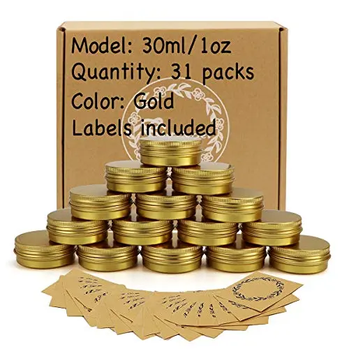 31pcs 1oz/30ml Gold Aluminum Tin Jar with Screw Lid and Blank Labels 31pcs 1oz/30ml Gold Aluminum Tin Jar with Screw Lid and Blank Labels