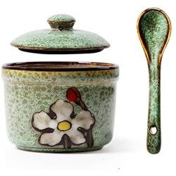 Japanese Retro Flower Pattern Sugar Bowl Sugar Dispenser Salt Pepper Storage Jar Pot Container Seasoning Pot Holder with Lid and Spoon for Home Kitchen,5.4 Oz, Green