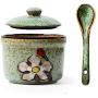 Japanese Retro Flower Pattern Sugar Bowl Sugar Dispenser Salt Pepper Storage Jar Pot Container Seasoning Pot Holder with Lid and Spoon for Home Kitchen,5.4 Oz, Green