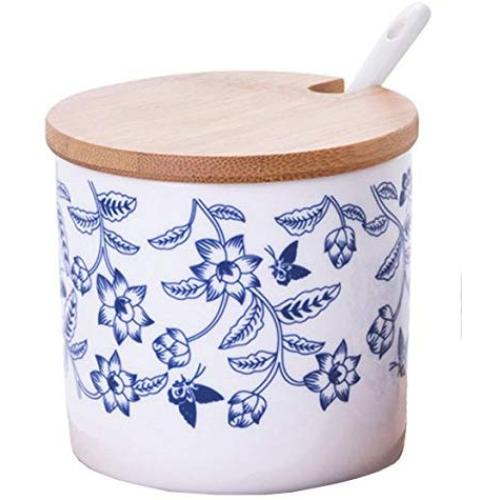 Ceramics Blue and White China Flower Sugar Salt Pepper Storage Jar/Oil Can with Lid And Spoon Base Tray