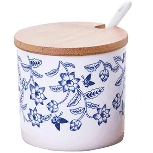 Keramische Blaue und Weiße China-Glasur Blumen-Zucker-Salz-Pfeffer-Behälter/Ölkanne mit Deckel und Schöpfkelle-Unterablage