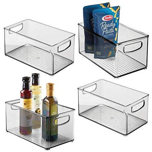 mDesign Plastic Stackable Kitchen Pantry Cabinet, Refrigerator or Freezer Food Storage Bin Container with Handles - Organizer for Fruit, Yogurt, Snacks, Pasta - BPA Free, 10" Long, 4 Pack - Smoke Gray