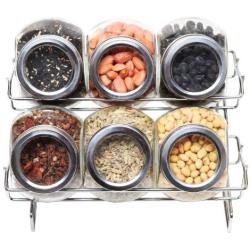 MyGift Metal Spice Container Rack with 6 Glass Jars with Lid, 6-oz Jars