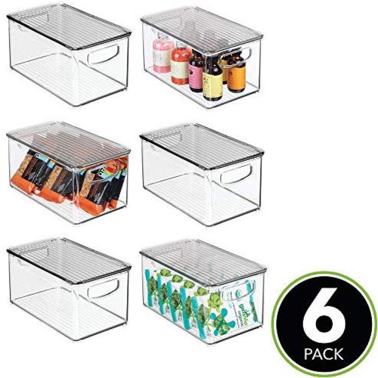 mDesign Plastic Deep Kitchen Storage Bin Box, Lid/Handles, 6 Pack, Clear/White