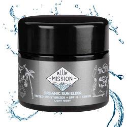 Blue Mission Vegan Tinted Moisturizer w/SPF - Organic Tinted BB Cream + SPF 15 + Serum - Vegan, Reef-Safe & Glass Jar. Absolutely ALL GOOD for your skin and the planet! (Light Ivory)