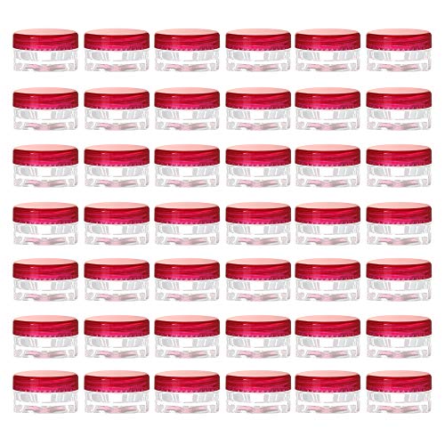 LONGWAY 0.1 Oz (3g) Muticolor Small Plastic Jars with Lids | Mini Empty Lotion Containers - for Travel Cream Samples, Lip Balm & BPA Free (Pack of 42, Red)
