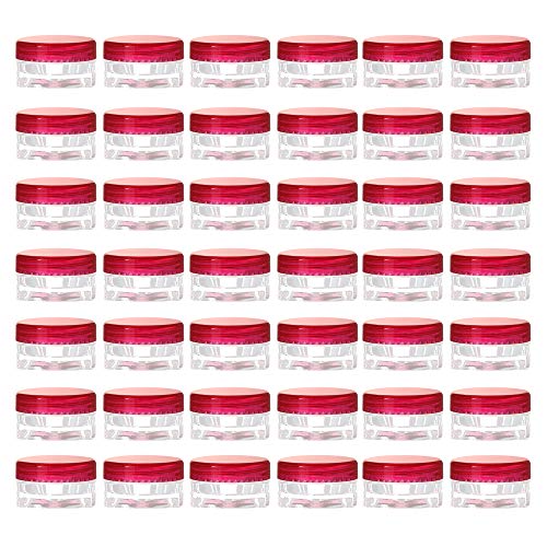 LONGWAY 0.1 Oz (3g) Muticolor Small Plastic Jars with Lids | Mini Empty Lotion Containers - for Travel Cream Samples, Lip Balm & BPA Free (Pack of 42, Red)