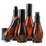 2Pcs 50ml/1.7oz Amber Glass Lotion Pump Bottles Refillable Empty Cucurbit Shaped Glass Bottle with Black Pump Top Portable Travel Cosmetic Makeup Cream Lotion Container Jar Dispenser