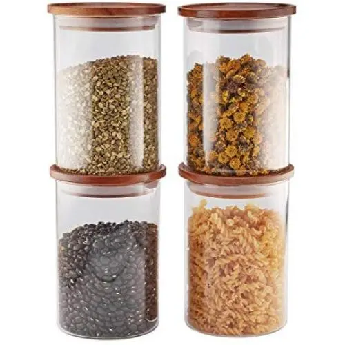 Ensembles de bocaux en verre Essos avec couvercles en bois (4) de 32oz Contenants de stockage étanches et empilables pour la cuisine. Les bocaux peuvent contenir des aliments, des biscuits. Ensembles de bocaux en verre Essos avec couvercles en bois (4) de 32oz Contenants de stockage étanches et empilables pour la cuisine. Les bocaux peuvent contenir des aliments, des biscuits.