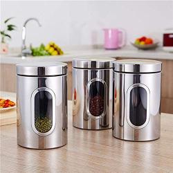 Airtight Window Kitchen Canister,3PCS Stainless Steel Window Canister Tea Coffee Sugar Nuts Jar Storage Set