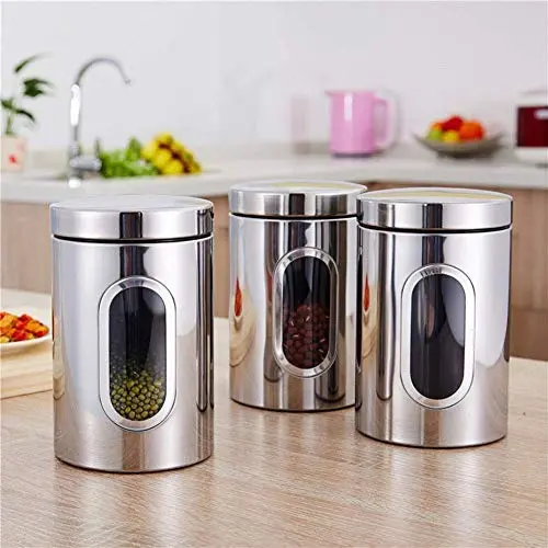 Airtight Window Kitchen Canister,3PCS Stainless Steel Window Canister Tea Coffee Sugar Nuts Jar Storage Set Airtight Window Kitchen Canister,3PCS Stainless Steel Window Canister Tea Coffee Sugar Nuts Jar Storage Set