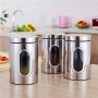 Airtight Window Kitchen Canister,3PCS Stainless Steel Window Canister Tea Coffee Sugar Nuts Jar Storage Set
