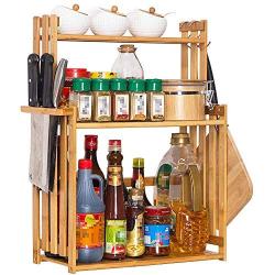 Spice Rack 2-Tier Standing Spice Rack Kitchen Bathroom Countertop Storage Organizer, Bamboo Spice Bottle Jars Rack Holder With Adjustable Shelf Kitchen Counter Rack Organizer