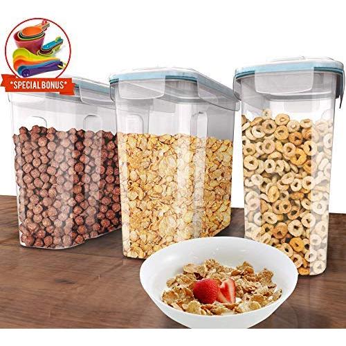 Top Quality Cereal Container Storage Set 3 Pc -135.2oz + Measuring Cups/Spoons set + 18 Labels & Pen - Airtight Dry Food Keepers - Great For Cereal, Flour, Sugar - BPA Free Dispenser - Shazo