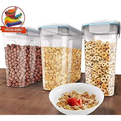 Top Quality Cereal Container Storage Set 3 Pc -135.2oz + Measuring Cups/Spoons set + 18 Labels & Pen - Airtight Dry Food Keepers - Great For Cereal, Flour, Sugar - BPA Free Dispenser - Shazo Top Quality Cereal Container Storage Set 3 Pc -135.2oz + Measuring Cups/Spoons set + 18 Labels & Pen - Airtight Dry Food Keepers - Great For Cereal, Flour, Sugar - BPA Free Dispenser - Shazo