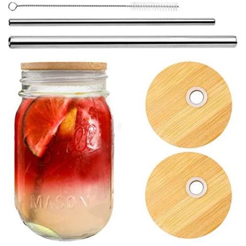 Mason Jar Lids with Straw, Regular Mouth Mason Jar Lids with Straw Hole, Bamboo Mason Jar Drinking lids Regular with Stainless Steel Straws 2-Packs