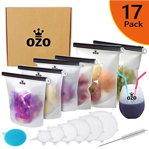 17 Piece OZO stashers Bundle,Reusable Silicone Food Storage Bags (4 Medium + 2 Large), 6 Stretch lids,2 Straw,[Set of 17]|Ziplock,Leakproof,Microwave&Freezer Safe|Sous Vide,Snack,Lunch,Fruit,Meat