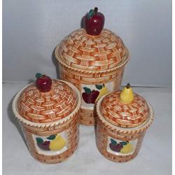 Apple Pear Fruit Ceramic Woven Basket Style 3 Piece Kitchen Canister Set