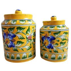 Set of 2 Handmade Ceramic Jar Container 500 ml + 250 ml Ceramic Achar Barni Blue Pottery Art Decorative Ceramic Kitchen Storage Container with Lid Use for Storage Nuts/Snacks/Spices/Pickles/Dessert