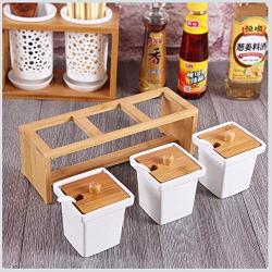 TNKML Ceramic Spice Jars Kitchen Ceramic Condiment Storage Boxes And Bamboo Tray Racks Salted Salt Tank Storage Box Spice Containers