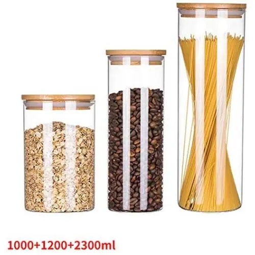 Bocal en Verre Clair ALXDR avec Couvercle en Bambou Étanche, 3 Récipients Grands et Petits pour Thé, Café, Bonbons, Biscuits Bocal en Verre Clair ALXDR avec Couvercle en Bambou Étanche, 3 Récipients Grands et Petits pour Thé, Café, Bonbons, Biscuits
