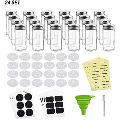 Nellam French Round Glass Spice Jars ? Set of 24 with Shaker Lids and Chalkboard Sticker Labels, Small 4oz Bottles - Stackable Herbs and Spices Containers - Decorative Organizers in Silver Nellam French Round Glass Spice Jars ? Set of 24 with Shaker Lids and Chalkboard Sticker Labels, Small 4oz Bottles - Stackable Herbs and Spices Containers - Decorative Organizers in Silver
