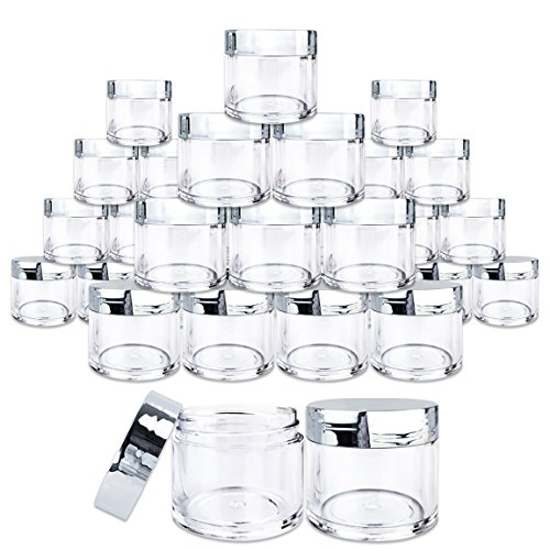 Beauticom 30 Pieces 30G/30ML(1 Oz) Round Clear Jars with Metallic SILVER Flat Top Lids for Herbs, Spices, Loose Leaf Teas, Coffee & Other Foods- BPA Free