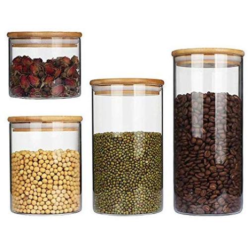 Glass Food Storage Jar with Airtight Seal Bamboo Lid - Set of 4 Airtight and Stackable Storage Containers, Clear Glass Bulk Food Storage Canister for Serving Tea/Coffee/Spice/Candy/Cookie