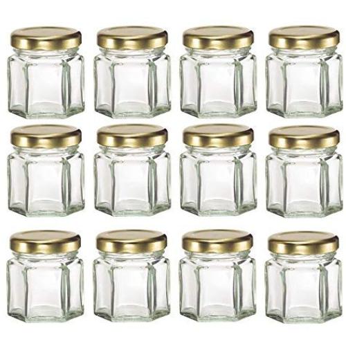 Nakpunar 12 pcs , 1.5 oz Mini Hexagon Glass Jars with Gold Lids