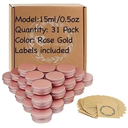 31 Stück 0,5 oz/15 ml Roségold Aluminiumdose mit Schraubverschluss und Blankolabeln