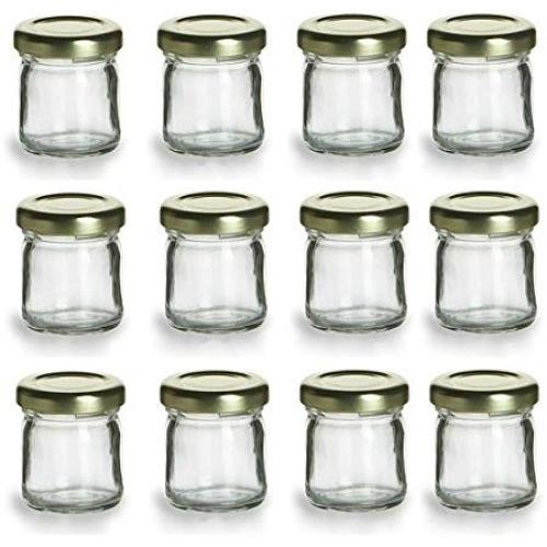 Nakpunar 12 pcs, 1.5 oz Mini Glass Jars with Gold Lids - MADE IN USA - For Jam, Honey, Wedding Favors, Shower Favors, Baby Foods, DIY Magnetic Spice Jars