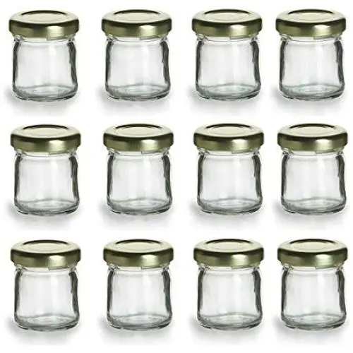 Bouteilles en verre miniatures de 1,5 oz (12 pièces) Nakpunar avec couvercles dorés – FABRIQUÉ AUX ÉTATS-UNIS – Pour confitures, miel, cadeaux de mariage, cadeaux de douche, aliments pour bébés, pots d'épices magnétiques DIY. Bouteilles en verre miniatures de 1,5 oz (12 pièces) Nakpunar avec couvercles dorés – FABRIQUÉ AUX ÉTATS-UNIS – Pour confitures, miel, cadeaux de mariage, cadeaux de douche, aliments pour bébés, pots d'épices magnétiques DIY.