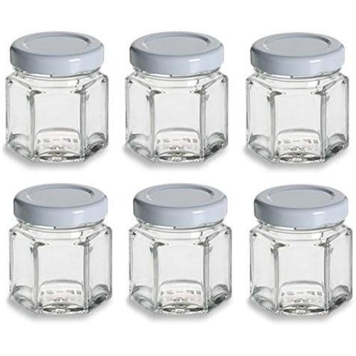 Nakpunar Hexagon Glass Jars (6, 1.5 oz (45 ml) w/White Lid)