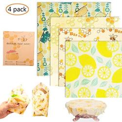 Reusable Beeswax Food Storage Wraps 4 Pack, Eco Friendly Wax Wraps for Food, Healthy Alternative to Saran Wrap - 1 Large, 2 Medium, 1 Small