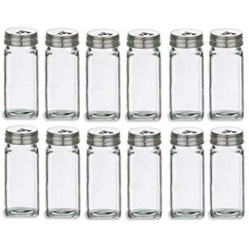 Nakpunar 12 pcs 4 oz French Square Glass Spice Jars with Stainless Steel Caps - Shaker Fitmens and Caps (12, 4 oz Stainless Steel)