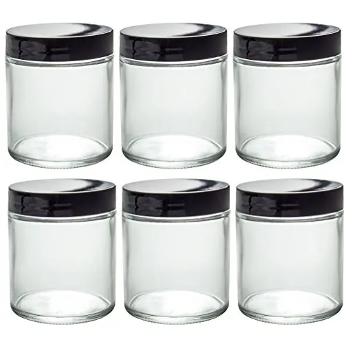 6 x Klar Glasbehälter, 8 oz, gerade Wände, mit schwarzem Deckel