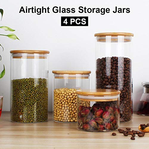 Glass Food Storage Jars with Airtight Lids,LianLe Clear Glass Canisters with Bamboo Lid and Silicone Washer for Kitchen,Coffee Bean,Loose Tea Canister Sugar Cookies Candy Jars,4PCS