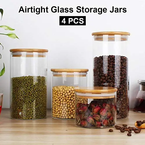 Glas Lebensmittelbehälter mit Dichtungslidseln, LianLe Klare Glasbehälter mit Bambusdeckel und Silikonring für Küche, Kaffee, losen Tee, Zucker, Kekse, Süßigkeiten, 4 Stück