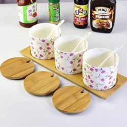 Kitchen seasoning box/Bone Porcelain Round Condiment Storage Container with Tray Salt jar Three-Piece Set (Color : B)