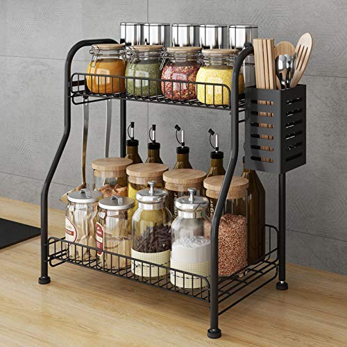 Spice Rack Organizer With Cutlery chopsticks storage shelf, 2-Tier Bathroom Shelf Organizer countertop, Kitchen Rack Organizer for Spice Can Sauce Jars Bottle With 3 Hooks (Black, Steel)