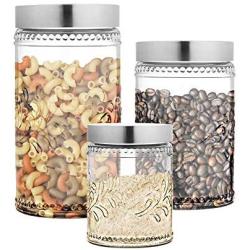 Style Setter Round Canister Set 3-Piece Glass Jars in 30, 44 and 59 Ounces Floral Design with Airtight Stainless Steel Lids for Cookies, Candy, Coffee, Flour, Sugar, Pasta, Cereal and More Fleur De