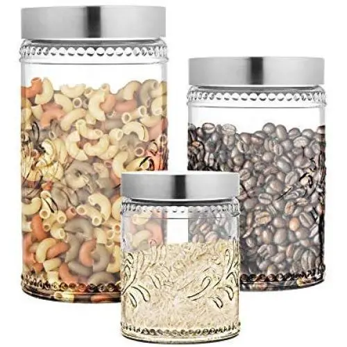 Stylische Style Setter Glasbehälter Set 3-teilig (30, 44 und 59 oz) mit blumigem Design und hermetisch schließenden Edelstahlverschlüssen für Kekse, Süßigkeiten, Kaffee, Mehl, Zucker, Nudeln, Müsli usw.