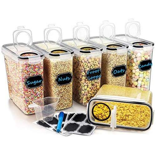 Large Cereal & Dry Food Storage Containers, Wildone Airtight Cereal Storage Containers for Sugar, Flour, Snack, Baking Supplies, Leak-proof with Black Locking Lids - Set of 6 (4L /135.3oz)