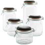 EatNeat Set of 5 Clear Glass Airtight Kitchen Canisters and Canning Jars with Bail & Trigger Hermetic Seal Clamp Lids | 68-51-34-27-17 oz. (Black Lid)