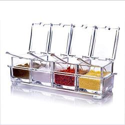 GTJXEY Clear Seasoning Rack Spice Pots, 4 Piece Acrylic Seasoning Box Storage Container Condiment Jars,Cruet with Cover and Spoon