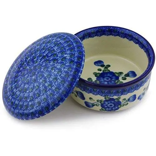 Keramik Topf mit Deckel, 13 cm Durchmesser, blaue Kornblumen von Ceramika Artystyczna