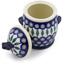 Polish Pottery 7?-inch Jar with Lid and Handles (Peacock Leaves Theme) + Certificate of Authenticity