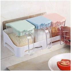 DSWSSH Decorative Jewelry Boxes Transparent Plastic Wall Mount Seasoning Salt Storage Box Sugar Storage Spice Box Jar with Lid Spoon Sets (Color : 4 Grids)