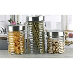 Circleware 68224 Ring-a-Ling Glass Canisters with Stainless Hermetic Airtight Top Lids, 3-Piece Set, Kitchen Glassware Food Preserving Coffee, Sugar, Tea, Cereal Containers 28 oz, 42 oz, 57 oz Hoops