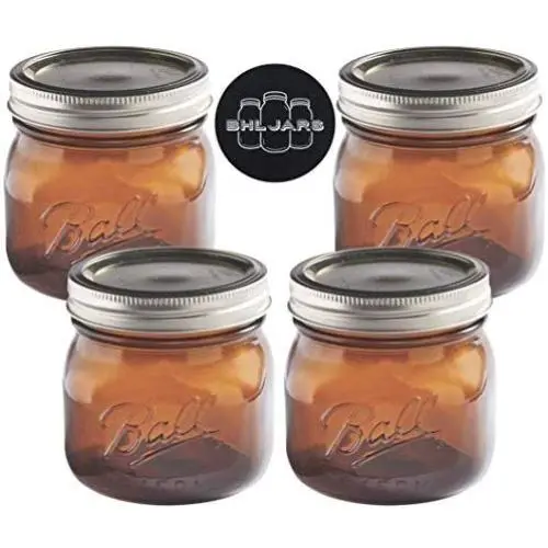 Ball Mason Jars 16 oz Wide Mouth Amber Colored Glass Bundle with Non Slip Jar Opener- Set of 4 Pint Size Mason Jars - Canning Glass Jars with Lids